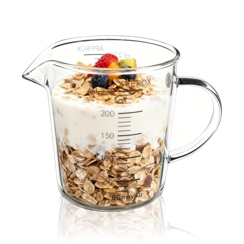 BCnmviku Glass Measuring Cup 250ml 1Cup High Borosilicate [Insulated Handle | V-Shaped Spout]For Prepping Baking and Cooking Preheated Oven Dishwasher Freezer and Microwave Safe