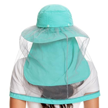 BASSDASH UPF 50+ Mosquito Sun Hat with Hidden Head Net and Neck Flap for Men Women Outdoor Fishing Hiking Camping - color: Turquoise