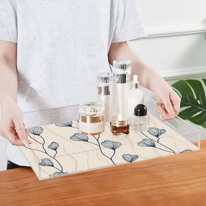 Acrylic Tray Clear Serving Vanity Ottoman Bathroom Coffee Table Countertop Organizer Raised Edge Spill Proof Beige Blue Minimalist Flower - color: Beige Blue Minimalist Flower
