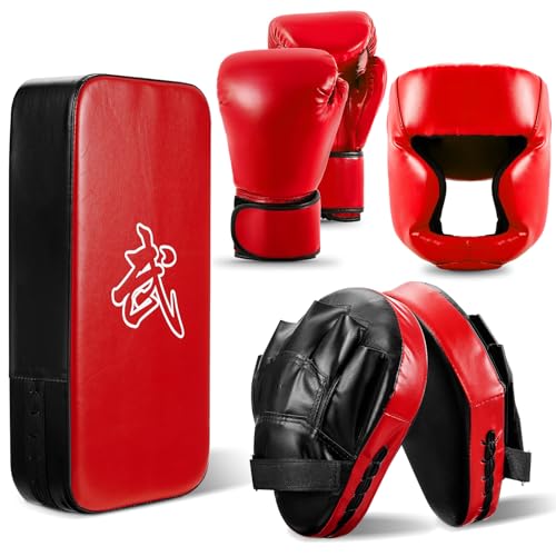 5-in-1 Kids Boxing Pads Gloves Kick Punching Mitts Set with - color: Red, size: 8 oz