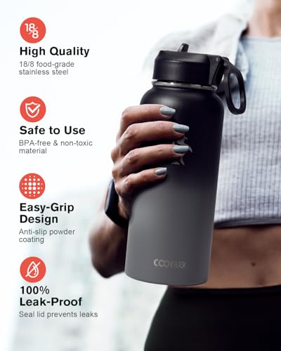 Coolflask 32 oz Water Bottle Insulated with Straw & 3 Leakproof Lids - color: Piano Night, size: 32 Ounces