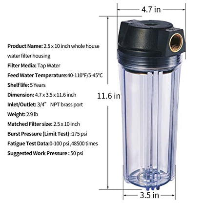 Geekpure 10-Inch Whole House Slim Water Filter Housing with Pressure Relief Valve - 3/4" NPT Brass Port-Fit for 2.5" x 10" Filters-Clear Pack of 3