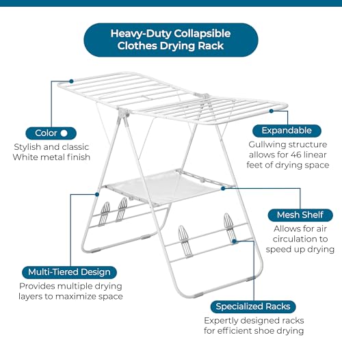 Honey-Can-Do Heavy-Duty Gullwing Clothes Drying Rack, White, 46 Ft - color: Bright White, size: 57" W