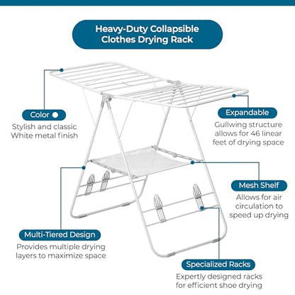 Honey-Can-Do Heavy-Duty Gullwing Clothes Drying Rack, White, 46 Ft - color: Bright White, size: 57" W