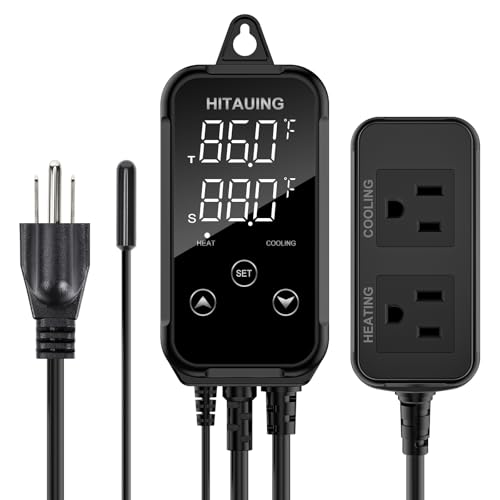 Digital Temperature Controller, Aquarium Heater Reptile Thermostat Heating and Cooling Dual Outlet with Seawater-Resistant Probe for Fish Tanks, Reptile Tanks, Greenhouse & Seedling Mat