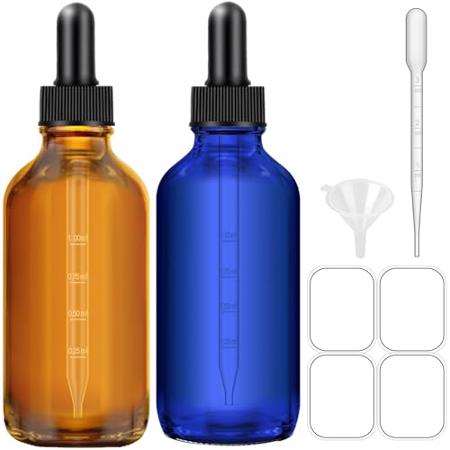 2 Pack Amber and Blue Dropper Bottles, 4oz Glass Bottle with Dropper for Essential Oils with Funnel, Labels & Pipette, Tincture Bottles with Dropper(Unbreakable Plastic Eye Dropper) - color: Amber and Blue