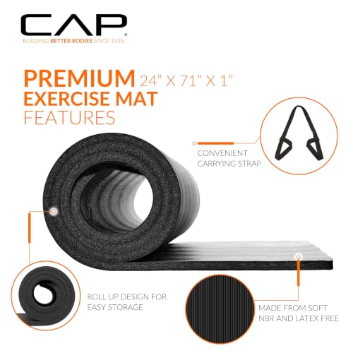 CAP 1" Extra Thick Yoga Mat, Exercise Mat with Strap, Multiple Colors - color: Black