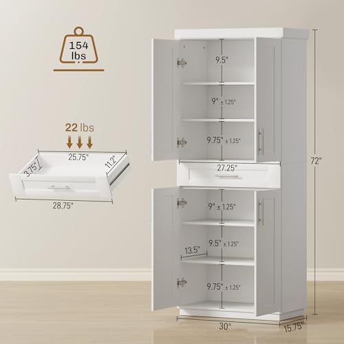 HOMCOM 72" Kitchen Pantry Cabinet, Freestanding Tall Storage Cabinet with 4 Doors, Drawer and 3 Adjustable Shelves for Dining Room, White - color: White