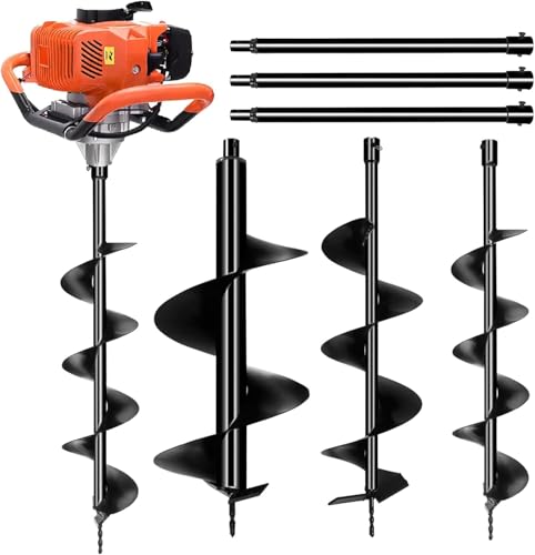 62cc Post Hole Digger, Gas Powered Post Hole Digger, Earth Auger Digger with 3 Drill Bit 3" & 5" & 8" and 3 Extension Rods 24" 24" 24" for Planting Fence Farmland Garden & Plant, 1400W - size: 62cc