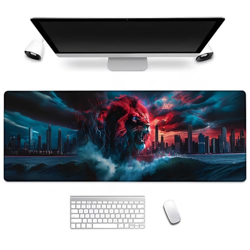 Fierce Lion and Waves Gaming Mouse Pad, Computer Keyboard Desktop Mouse Pads for Home, Work, Desk Decor, Large Office Laptop Anti-Slip Rubber Base Desk Mat 31.5×11.8 in - color: Lion20