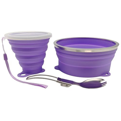 Mess Kit for Camping Silicone Collapsible Bowl Collapsible Cup and Stainless Steel Spoon for Backpacking Outdoor Hiking Traveling and Picnic - color: Purple