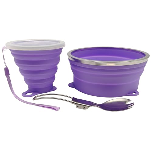 Mess Kit for Camping Silicone Collapsible Bowl Collapsible Cup and Stainless Steel Spoon for Backpacking Outdoor Hiking Traveling and Picnic - color: Purple