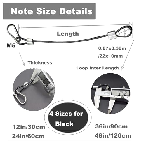 10 pcs 12 inch Vinyl Cover Coated Stainless Steel Wire Rope Lanyard Cable Tether Safety Strap with Hooks and 2 Loops (4mm Thickness), Black - color: 10pcs_Black, size: 12"/30cm