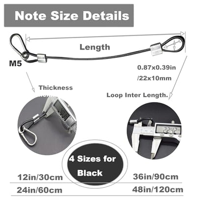 5 pcs 24 inch Vinyl Cover Coated Stainless Steel Wire Rope Lanyard Cable Tether Safety Strap with Hooks and 2 Loops (4mm Thickness), Black - color: 5pcs_black, size: 24"/60cm