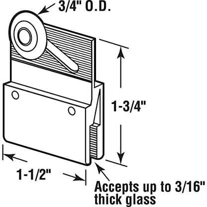 Prime-Line M 6145 Aluminum Frameless Shower Door Top Bracket Roller Assembly, 3/4 In. Round Plastic Wheel, Fits 3/16 In. Glass (2 Pack)