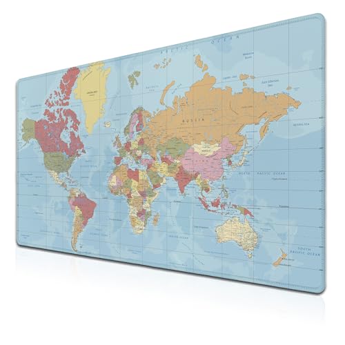 Desktop Mat World Map Full Desk Mouse Pad, Office Gaming Mousepad Large Mousepad, Computer Pad Non-Slip Rubber Base Waterproof with Stitched Edges, 35.4 X 15.7 in for Work/Game/Office/Home - color: World Map