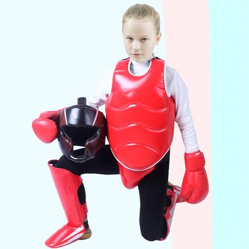 Taekwondo Boxing Gear Set, Karate Sparring Gear Set Height Youth or Adults, Martial Arts Shin Guards/Chest Rib/Headgear/Mouthguards Guards Protective Gear Set - color: Red, size: 59”-67“