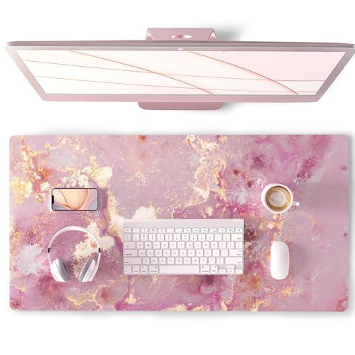 QIYI Large Mouse Pad, Cute Pink Desk Mat for Desktop, Women Girls PU Leather Desk Pad Waterproof Gaming Mousepad, Rose Gold Marble Computer Protector Writing Pad for School Office Home 31.5" x 15.7" - color: Pink Gold Marble, size: 31.5" x 15.7"