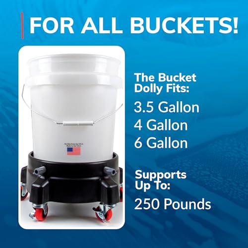 Grit Guard Bucket Dolly with Wheels - Rolling Detailing Wash Bucket with 5 Wheels and 2 Locking Casters Compatible with 2.5, 4, 5 and 6 Gallon Buckets (Black, 3" Red Casters) - Made in the USA - color: Black, size: 3" Red Casters