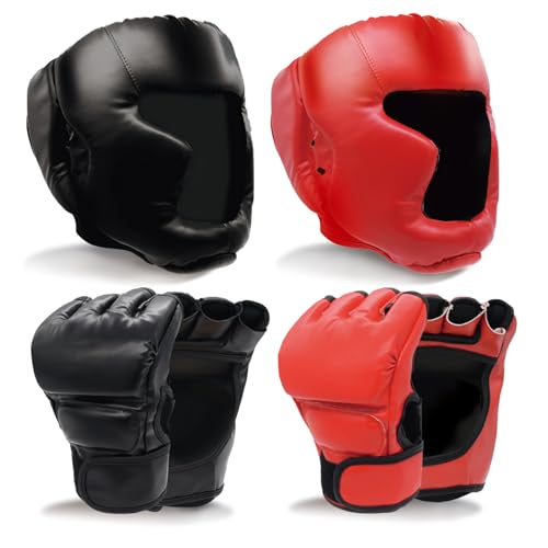 Boxing Gloves and Headgear Set for Adults 2 Pair Gloves and 2 Head Guards - color: BlackRed