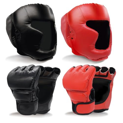 Boxing Gloves and Headgear Set for Adults 2 Pair Gloves and 2 Head Guards - color: BlackRed