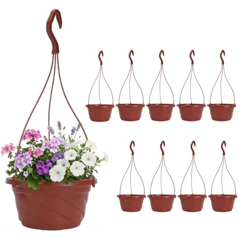 DOITOOL 10 Pack Hanging Plastic Pots for Plants with Hook, Garden Flower Plant Pot Container Baskets Hanging Nursery Planter Holder for Indoor Outdoor Garden Decor (Brown, 6.7 Inch) - color: Coffee