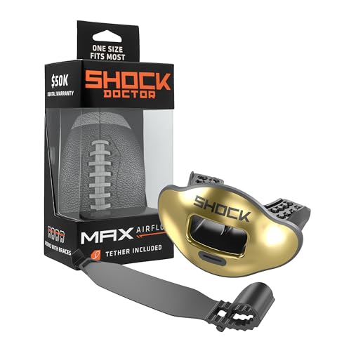 Shock Doctor Lip Guard, Adult and Youth Mouth Guard Football with Strap, Breathable Wide Opening Football Mouthpiece for Youth and Adults OSFA, Shock Doctor Mouth Guards, Max Airflow - color: Chrome Gold