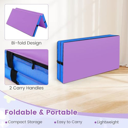 GYMAX 4' x 4' Folding Gymnastics Mat, 4" Thick Bi-Fold Exercise Tumbling Mat w/Carrying Handles, PU Leather Cover, Home Gym Mat for Aerobics Workout, Yoga, Stretching - color: Purple+Blue