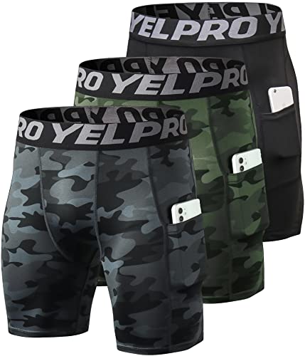 SPVISE Compression Shorts Men 1/3 Pack, Dry Fit Compression Underwear Spandex Running Shorts, Workout Athletic Shorts Pocket - color: Camo Black+ Camo Green+ Black, size: Large