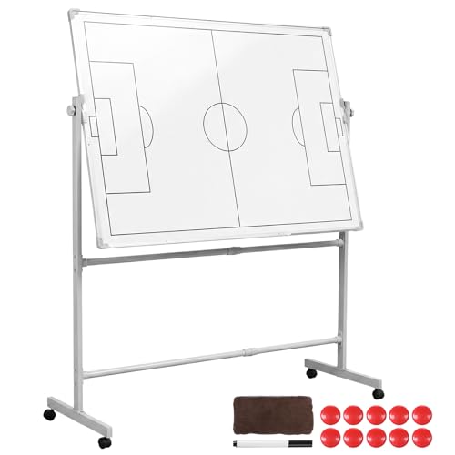 Mobile Double-Sided Soccer Coaching Board Height Adjustable Dry Erase Whiteboard with Wheels Soccer Tactics Board with Magnets Pen & Eraser for Teaching Training