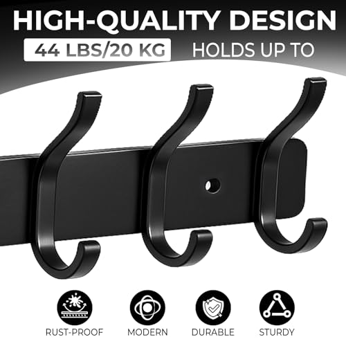 Wall Mount Coat Rack 1 Pack, Black Coat Hooks Hanger with 6 Double Hooks - color: Black, size: 1 Pack(6 hooks)