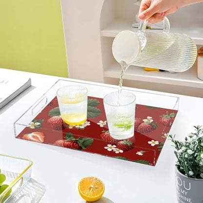 Acrylic Tray Clear Serving Vanity Ottoman Bathroom Coffee Table Countertop Organizer Raised Edge Spill Proof Red Strawberries and White Flowers - color: Red Strawberries and White Flowers