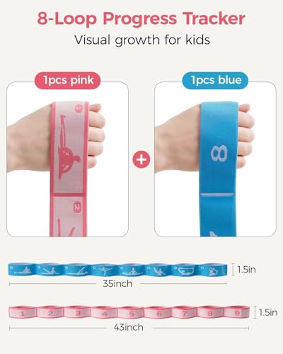 2 PCS Stretch Strap for Kids Gymnastics Multi-Loop Elastic Strap for Ballet, Latin, Dance, Yoga, Children Flexibility Training & Exercise Resistance Yoga Band- 8 Loops - color: Red & Blue