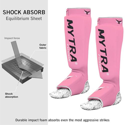 Mytra Fusion Shin Pads Instep Protector Kick Boxing Muay Thai Training Elasticated shin Guards - color: Pink, size: Large-X-Large