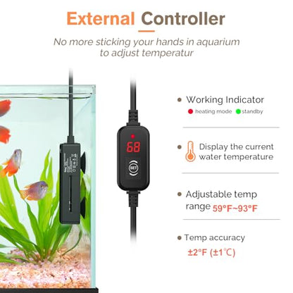 hygger Mini Fish Tank Submersible Heater 20W for 1-5 Gallons Desktop Betta Aquarium Heater with Digital Display Controller Adjustable Temperature