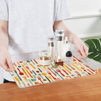 Acrylic Tray Clear Serving Vanity Ottoman Bathroom Coffee Table Countertop Organizer Raised Edge Spill Proof Cartoon Knives Forks Spoons - color: Cartoon Knives Forks Spoons