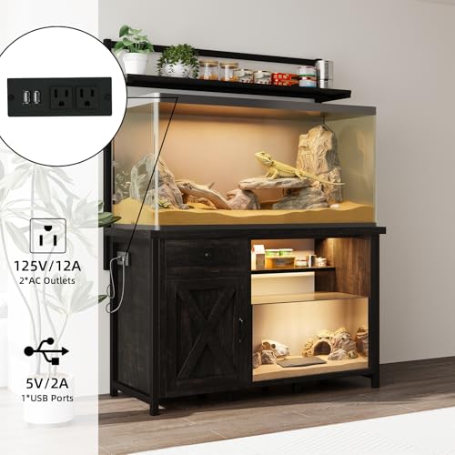 Reptile Tank Stand with Power Outlet, Terrarium Stand with Storage Cabinet, 49" X 20" Tabletop, Aquarium Stand with LED Lights, Reptile Terrarium,Turtle Tank (Oak) - color: Oak