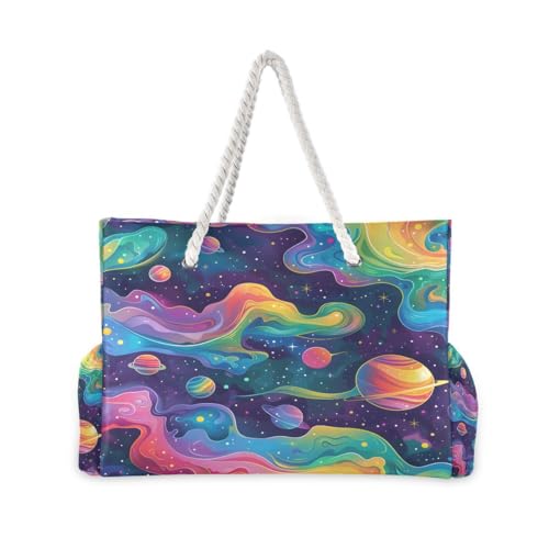 senya Large Beach Bags Totes Canvas Tote Shoulder Bag Soft Wave Water Resistant Bags for Gym Travel Daily Ocean - color: Rainbow Planet Dream