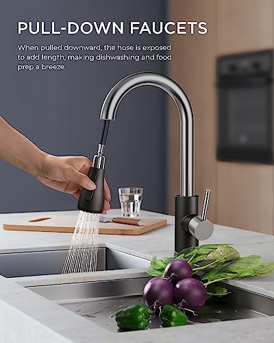 FORIOUS Kitchen Faucets with Pull Down Sprayer, High Arc Single Handle Classic Stainless Steel Sink Faucet 1 or 3 Hole, Suitable for Farmhouse Camper Laundry Rv Bar, Black Brushed - color: Black&Brushed, style: Classic