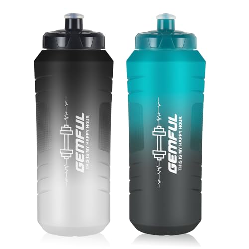 GEMFUL Hockey Squeeze Water Bottle 32oz 2 Packs for Lacrosse BPA-Free - color: Black White+Green Black