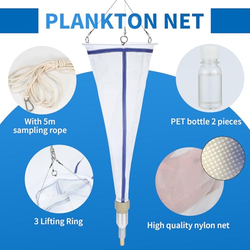 Plankton net; Water Quality Test Freshwater and Marine Aquatic Organisms Collection net; Equipped with 2 PE Bottles, 5 Meters of Cotton Rope (Blue)