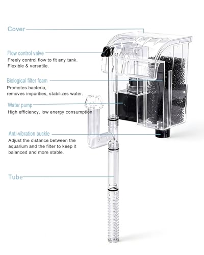 Small Fish Tank Filter, Hang on Filter for 1-5 Gal Nano Aquarium, Ultra Quiet Power Filter with Aeration & Oil Skimmer, Adjustable Flow for Betta Shrimp Tank