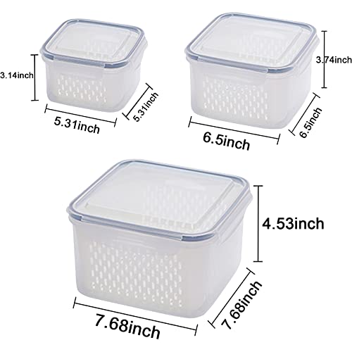 3Pack Fridge Food Storage Container Set with Lids with Strainer, Fruit Vegetable Storage Containers Keep Fruits, Vegetables, Berry, Meat Fresh longer, BPA-Free Plastic Produce Keepers
