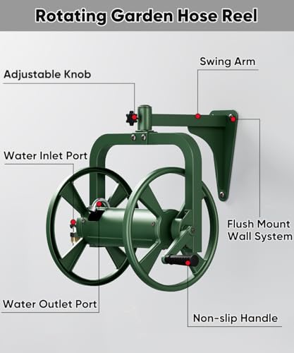 Rotating 360° Garden Hose Reel, Wall Mounted Hose Reel Holder Holds 165ft of 5/8'' Hose, Outdoor Heavy Duty Metal Water Hose Organizer Storage Rack with 3.9ft Leader Hose for Outside, Green