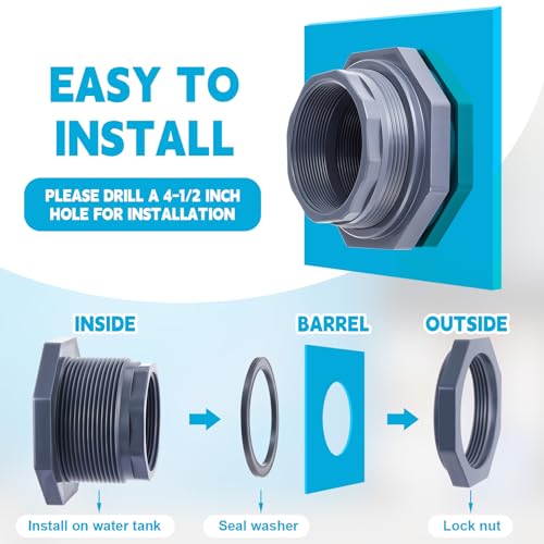 2 Pcs 4 Inch Bulkhead Fitting PVC Water Tank Connector Plumbing Pipe Threaded Bulkhead Fitting NPT for Rain Barrels, Water Tanks, Aquariums, Tubs, Pools - size: 4 Inch