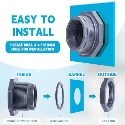2 Pcs 4 Inch Bulkhead Fitting PVC Water Tank Connector Plumbing Pipe Threaded Bulkhead Fitting NPT for Rain Barrels, Water Tanks, Aquariums, Tubs, Pools - size: 4 Inch
