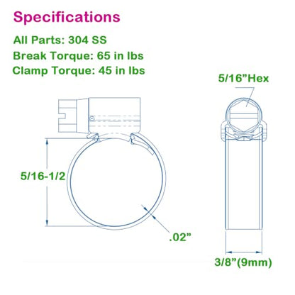 Non-Slip Stainless Steel Worm Gear Hose Clamps 5/16 to 1/2"(8-13mm) | SAE Size 4, 5/16"Hex Head, Soft Hose Protection, Adjustable for Automotive, Fuel Line, Garden, Heater, Radiator, 12Pack