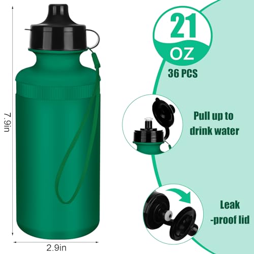 Zubebe 36 Pcs Sports Water Bottles Squeeze Bulk 21 oz | Reusable Plastic Water Bottles with Carry Strap, Back to School Supplies Summer Team Gifts for Students Travel Hiking Cycling - color: Dark Green