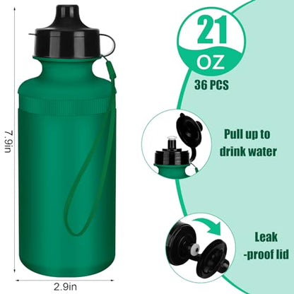 Zubebe 36 Pcs Sports Water Bottles Squeeze Bulk 21 oz | Reusable Plastic Water Bottles with Carry Strap, Back to School Supplies Summer Team Gifts for Students Travel Hiking Cycling - color: Dark Green