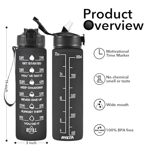 Hyeta Water Bottle with Straw & Time Marker, Plastic 32oz Leakproof - color: Black Matte